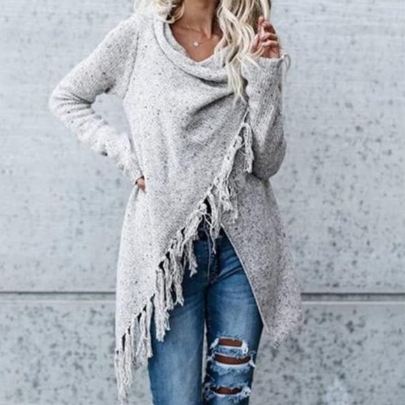 Grey Cardigan Boho Sweater Cover Up Poncho Wrap Knit Tassels Trendy Womens Top - Picture 2 of 12